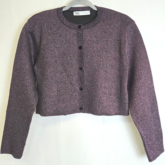 Zara Sweaters - Zara‎ Metallic Shimmer Glitter Cropped Cardigan Velvet Buttons, Purple, Small